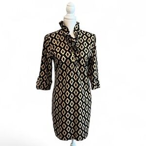 MudPie Black & Tan Geometric Ruffle Neck Dress Women’s Small‎ (4-6) Chic Career